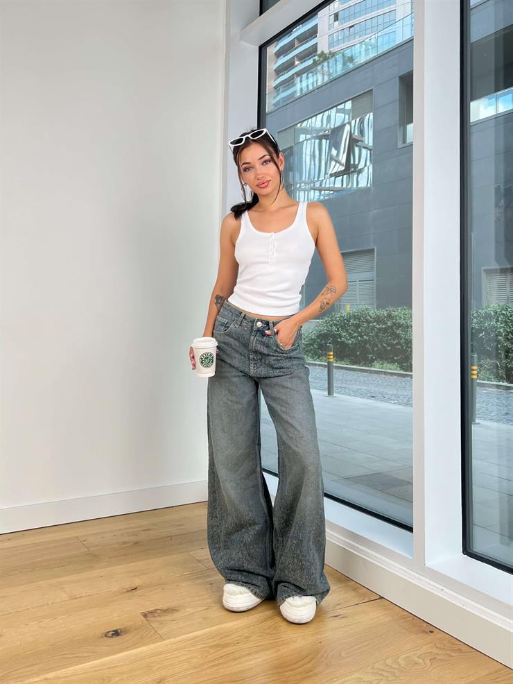 Orta Bel Eskitme Görünümlü Bol Paça Erubey Füme Kadın Jean 25K159