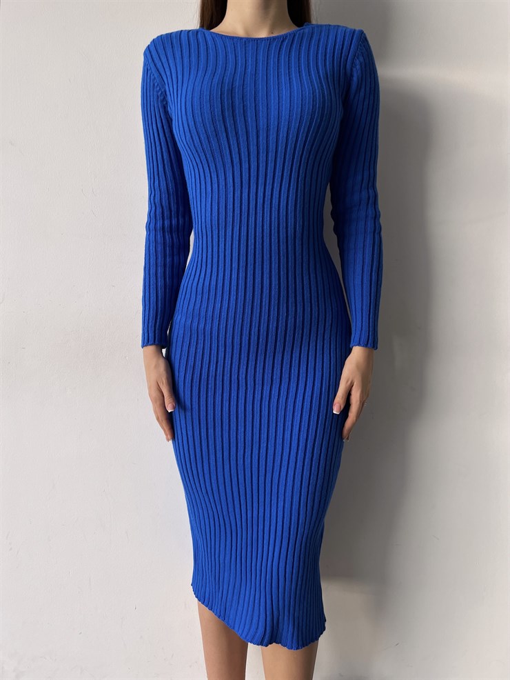 Bisiklet Yaka Uzun Kol Sırt İp Detaylı Erva Kadın Midi Saks Triko Elbise 23K000374