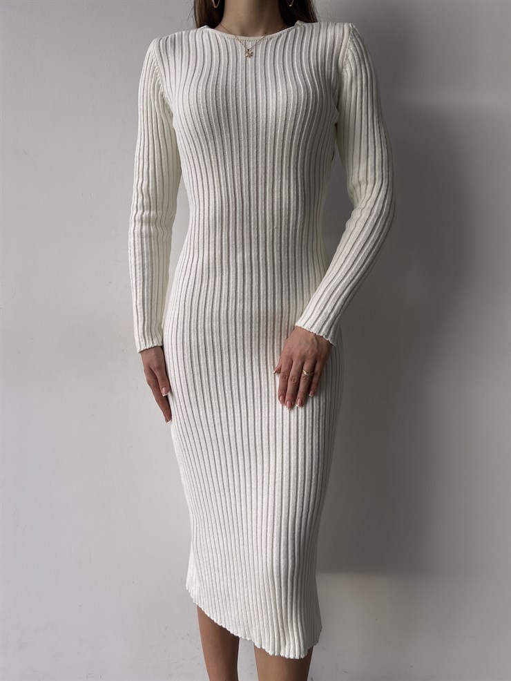 Bisiklet Yaka Uzun Kol Sırt İp Detaylı Erva Kadın Midi Ekru Triko Elbise 23K000374