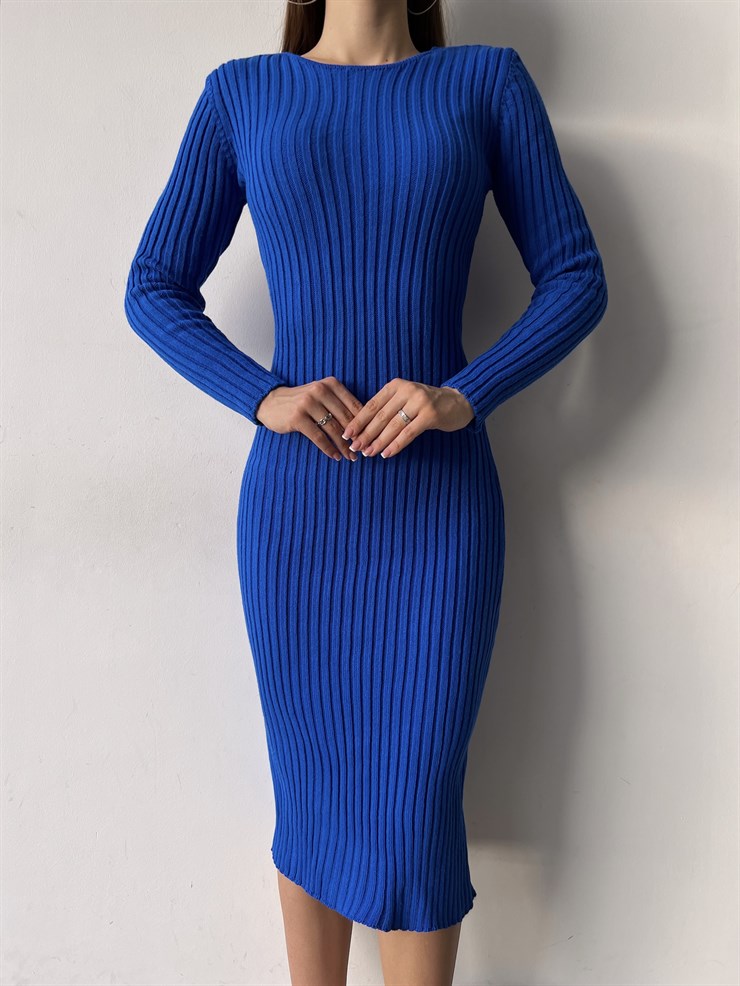 Bisiklet Yaka Uzun Kol Sırt İp Detaylı Erva Kadın Midi Saks Triko Elbise 23K000374