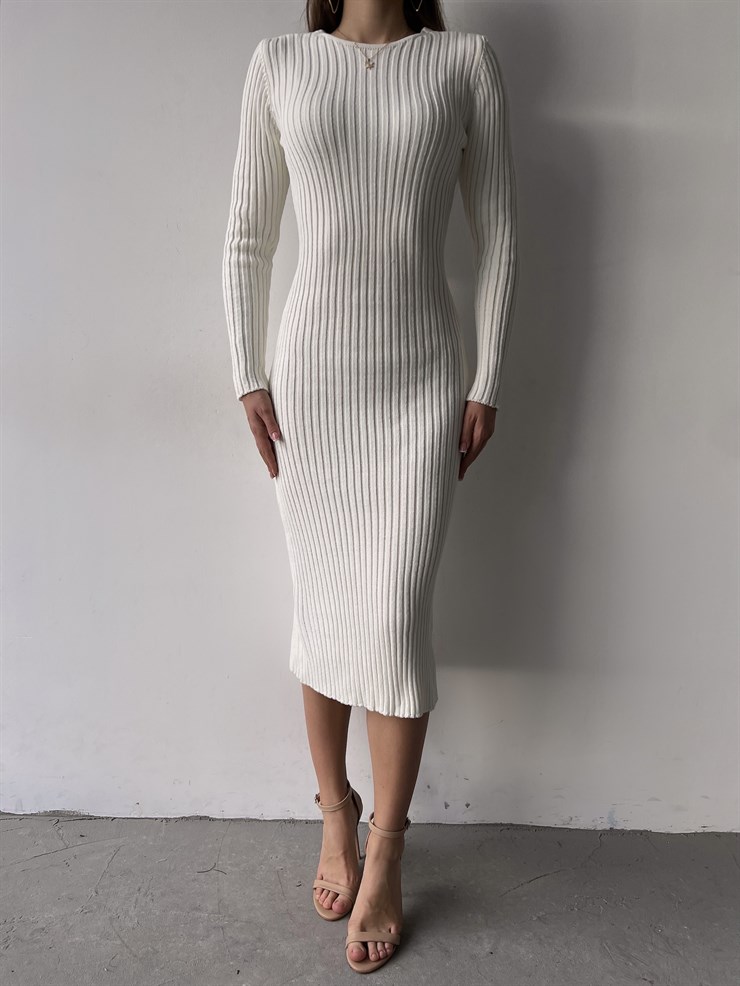 Bisiklet Yaka Uzun Kol Sırt İp Detaylı Erva Kadın Midi Ekru Triko Elbise 23K000374