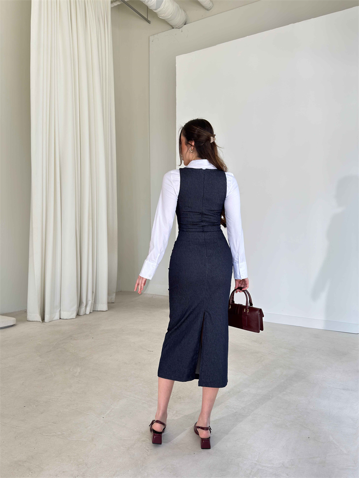 Belden Oturtmalı Arkası Yırtmaçlı Ervo Lacivert Kadın Kot Elbise 26Y096