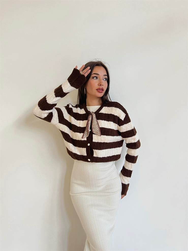 Önü Kurdele Detaylı Düğmeli Eryk Kadın Kahve Çizgili Hırka 24k000088