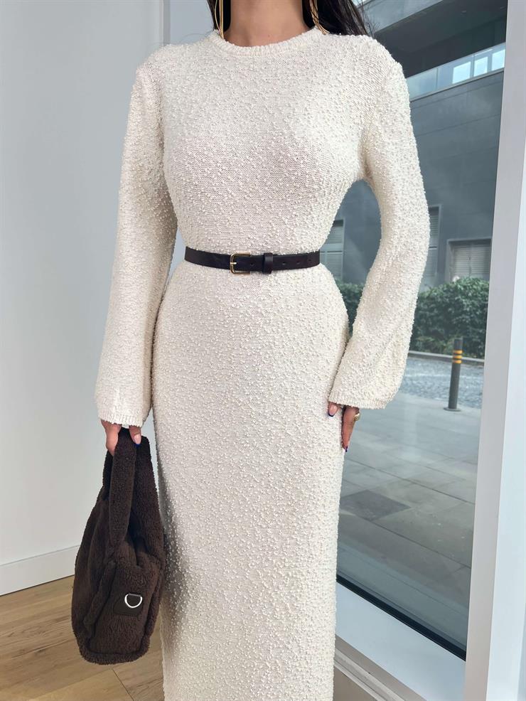 Uzun Kol Bisiklet Yaka Esai Taş Kadın Triko Uzun Elbise 25K206