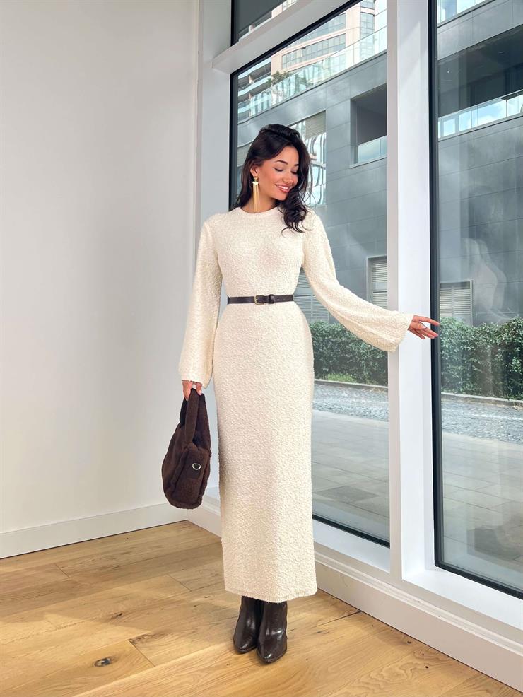 Uzun Kol Bisiklet Yaka Esai Taş Kadın Triko Uzun Elbise 25K206