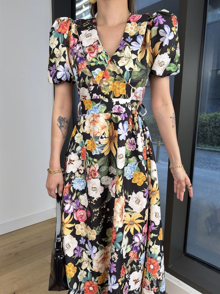 Balon Kol V Yaka Eslin Çiçekli Siyah Kadın Elbise 25Y280