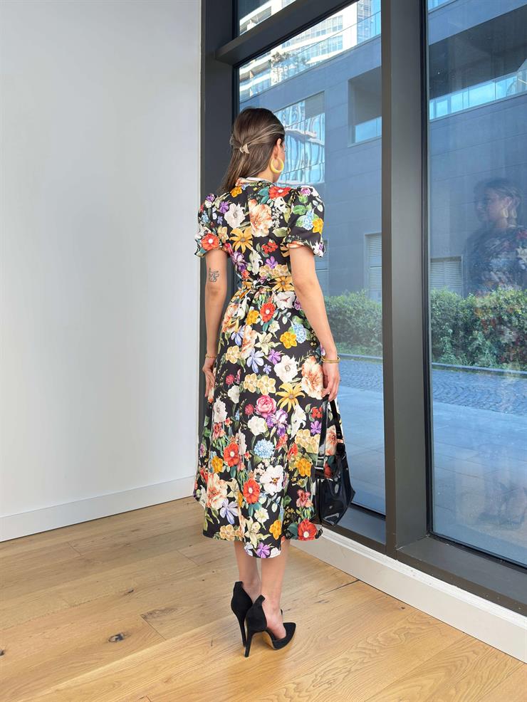 Balon Kol V Yaka Eslin Çiçekli Siyah Kadın Elbise 25Y280