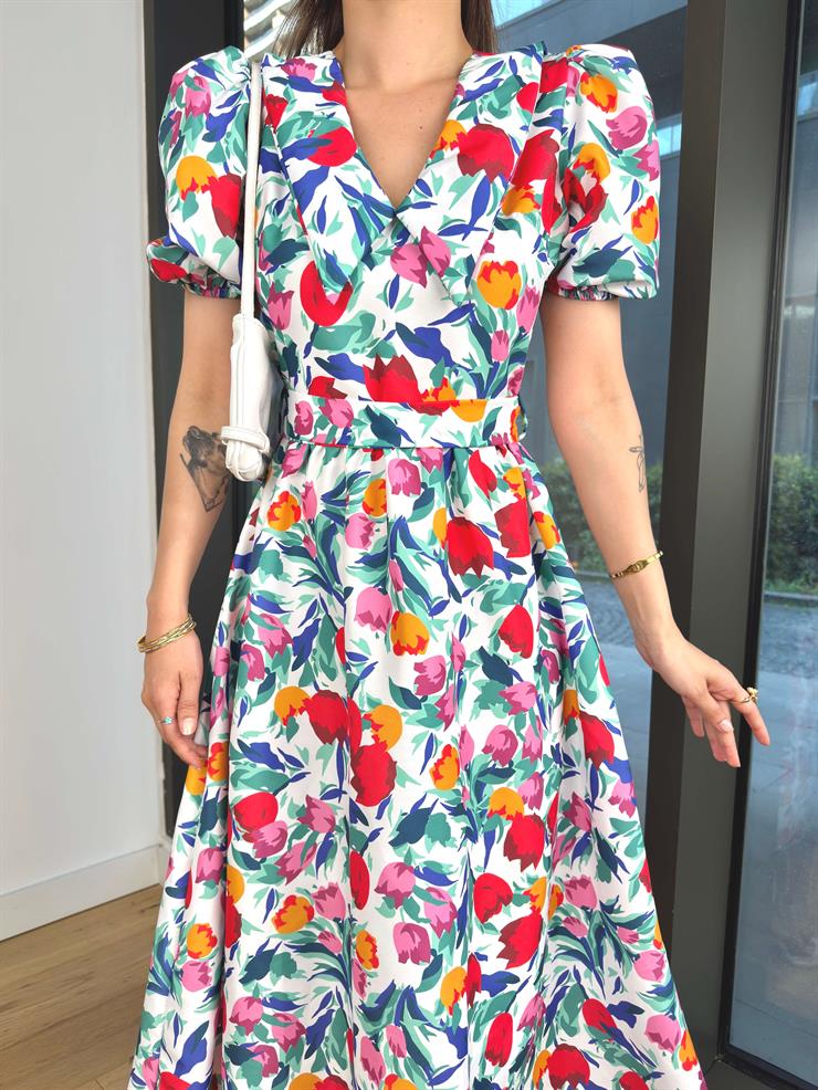 Balon Kol V Yaka Eslin Çiçekli Beyaz Kadın Elbise 25Y280