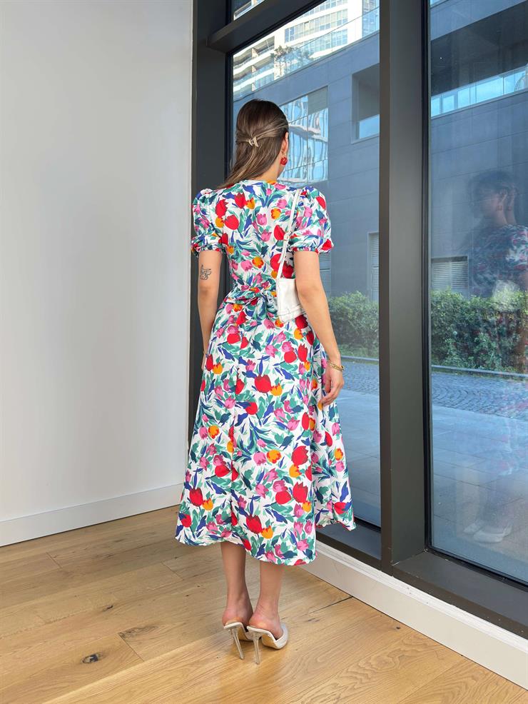 Balon Kol V Yaka Eslin Çiçekli Beyaz Kadın Elbise 25Y280