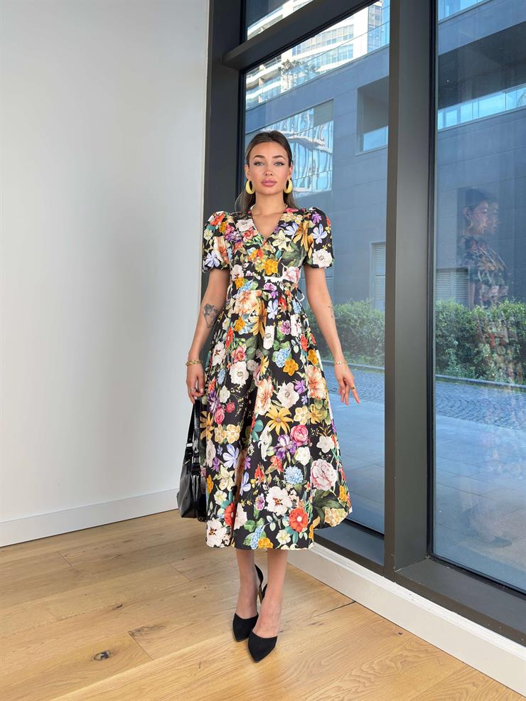 Balon Kol V Yaka Eslin Çiçekli Siyah Kadın Elbise 25Y280
