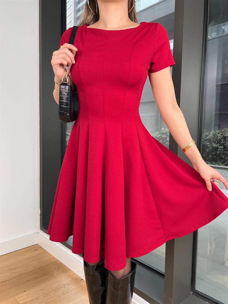 Kısa Kol Dikiş Detaylı Esly Bordo Kadın Mini Elbise 25K486