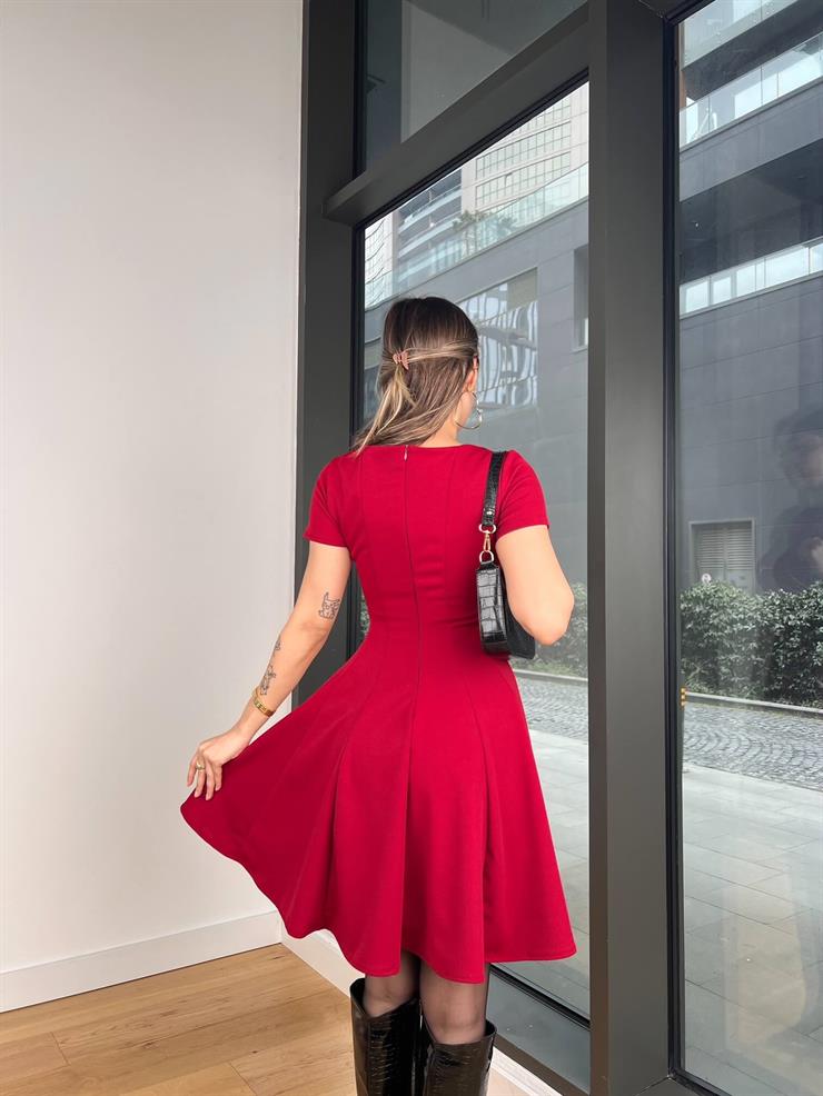 Kısa Kol Dikiş Detaylı Esly Bordo Kadın Mini Elbise 25K486