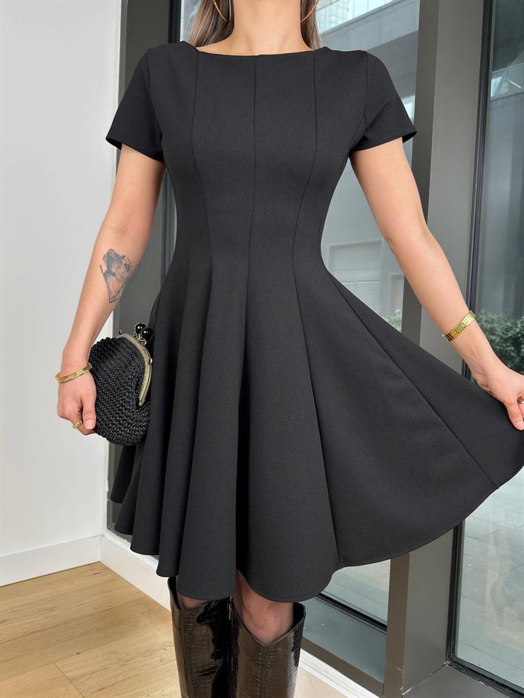 Kısa Kol Dikiş Detaylı Esly Siyah Kadın Mini Elbise 25K486