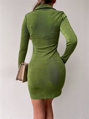 Gömlek Yaka Boydan Düğmeli Büzgülü Esperanza Kadın Yeşil Elbise 22Y000031