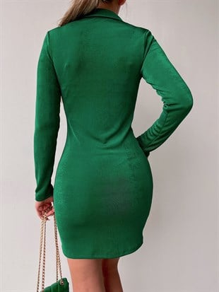 Gömlek Yaka Boydan Düğmeli Büzgülü Esperanza Kadın Zümrüt Elbise 22Y000031