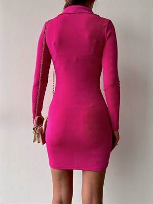 Gömlek Yaka Boydan Düğmeli Büzgülü Esperanza Kadın Fuşya Elbise 22Y000031