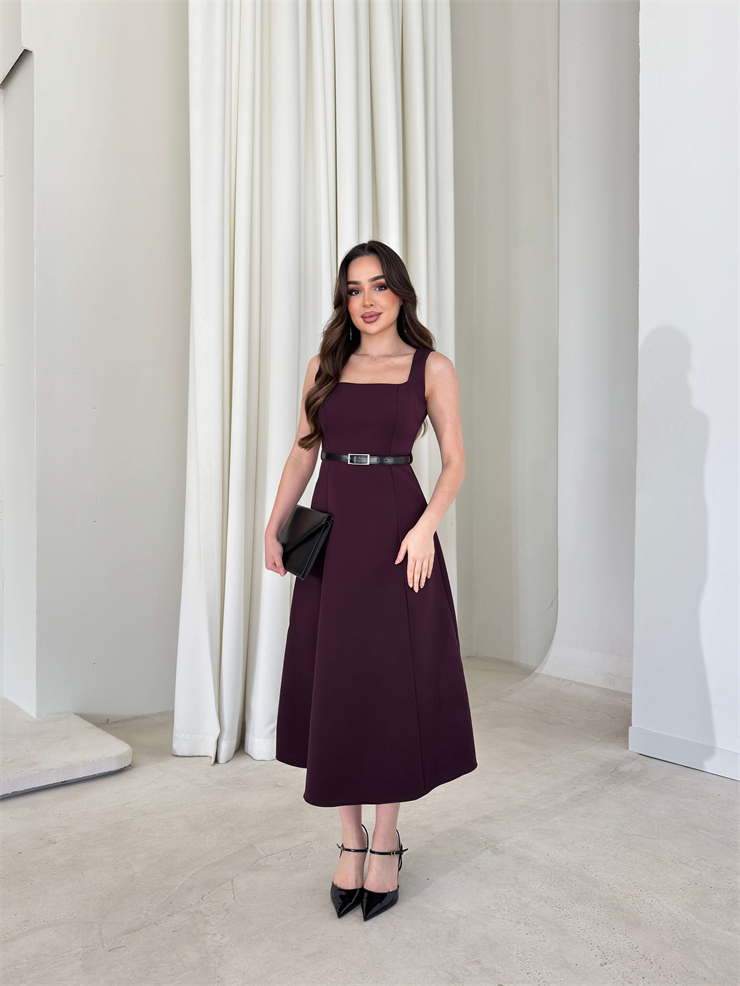 Kare Yaka Kemerli Midi Boy Mor Esperanza Kadın Elbise 26Y136