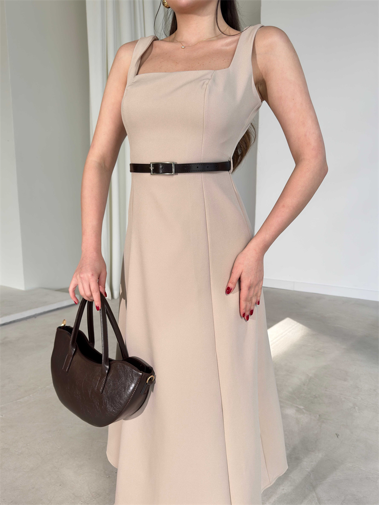 Kare Yaka Kemerli Midi Boy Taş Esperanza Kadın Elbise 26Y136