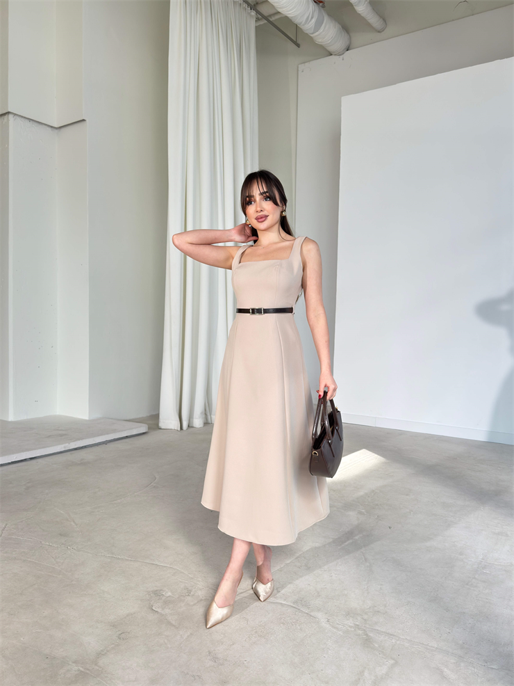 Kare Yaka Kemerli Midi Boy Taş Esperanza Kadın Elbise 26Y136