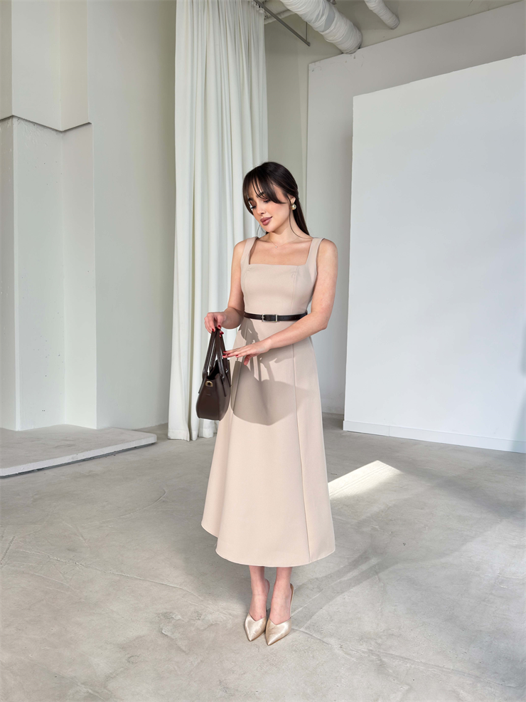 Kare Yaka Kemerli Midi Boy Taş Esperanza Kadın Elbise 26Y136