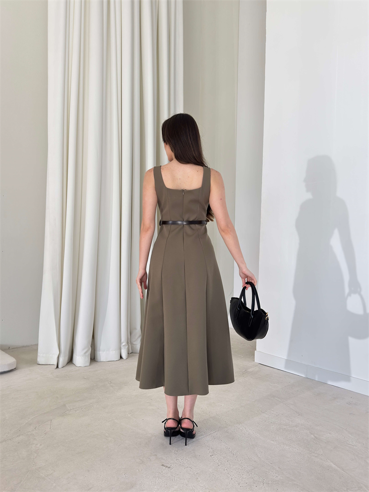 Kare Yaka Kemerli Midi Boy Haki Esperanza Kadın Elbise 26Y136