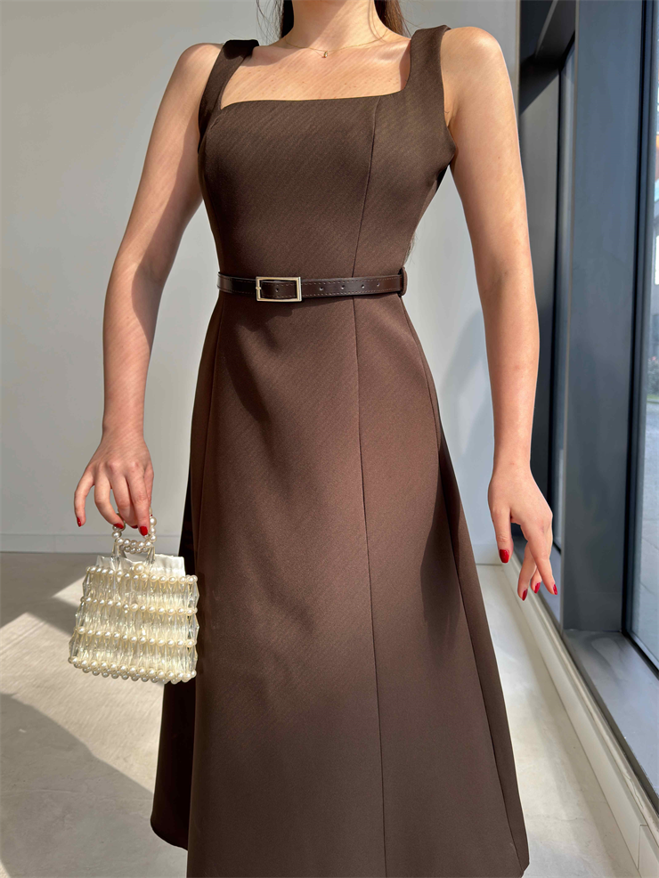 Kare Yaka Kemerli Midi Boy Kahverengi Esperanza Kadın Elbise 26Y136