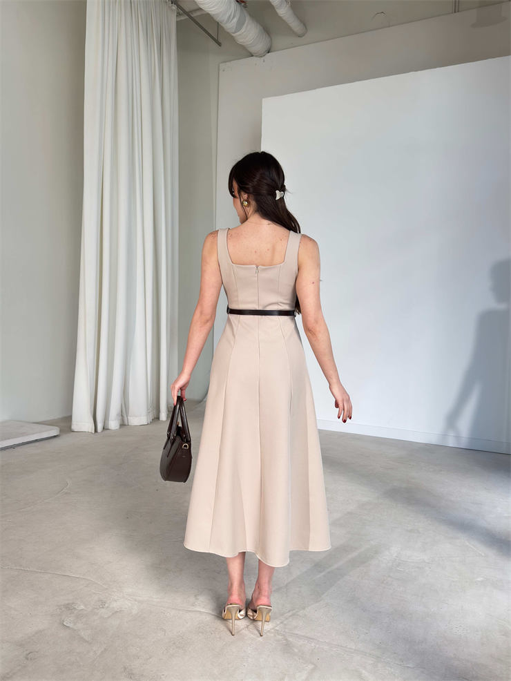 Kare Yaka Kemerli Midi Boy Taş Esperanza Kadın Elbise 26Y136