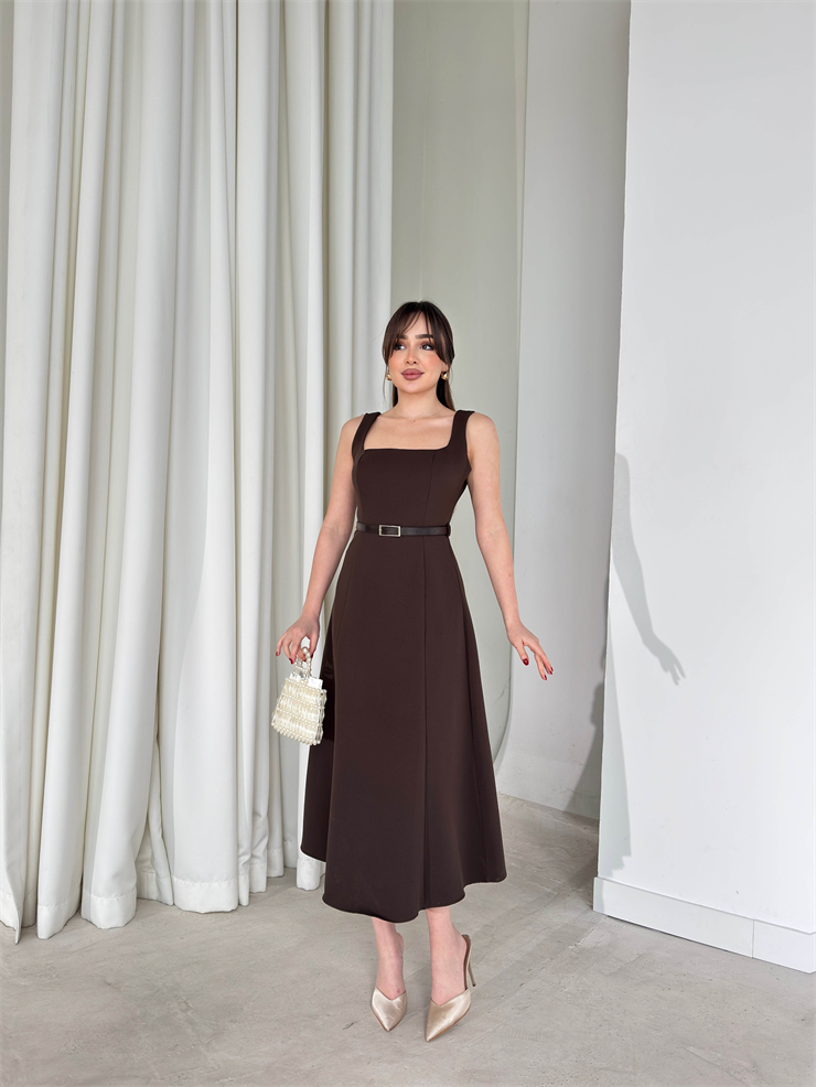 Kare Yaka Kemerli Midi Boy Kahverengi Esperanza Kadın Elbise 26Y136