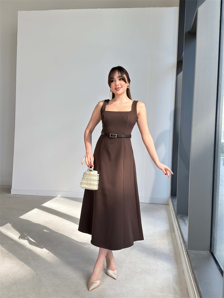 Kare Yaka Kemerli Midi Boy Kahverengi Esperanza Kadın Elbise 26Y136