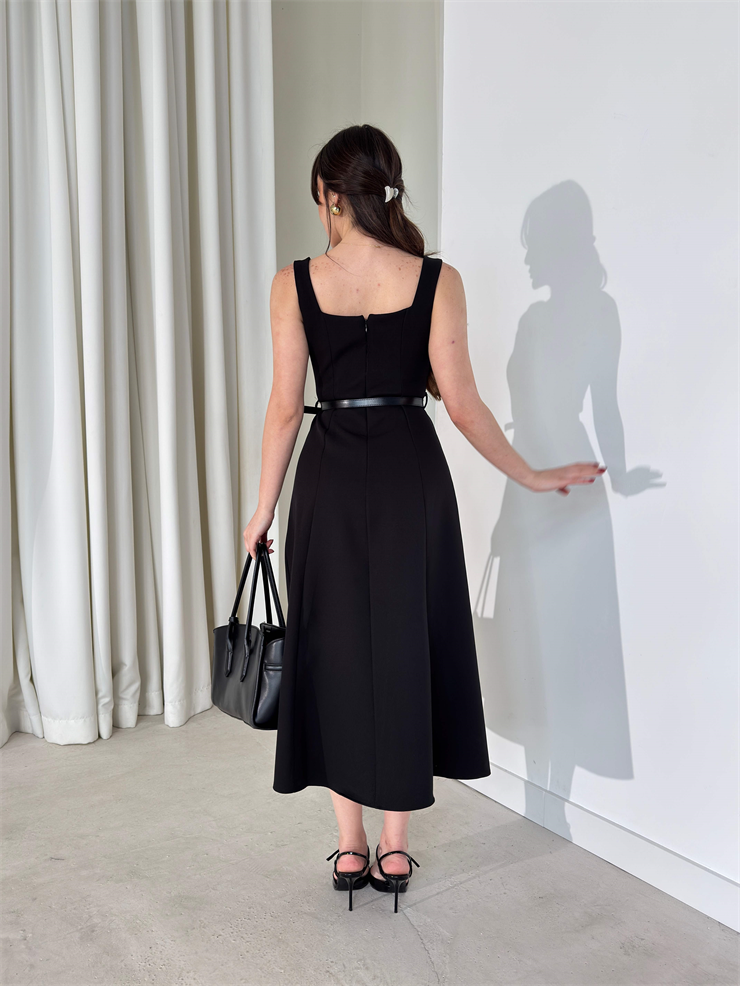 Kare Yaka Kemerli Midi Boy Siyah Esperanza Kadın Elbise 26Y136