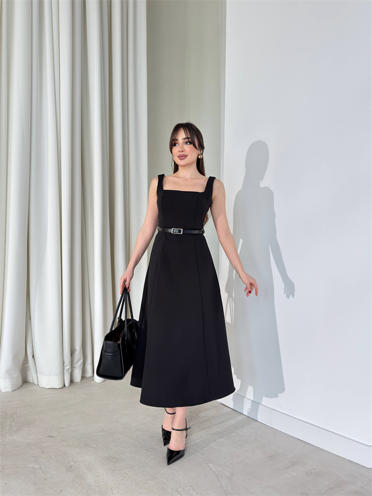 Kare Yaka Kemerli Midi Boy Siyah Esperanza Kadın Elbise 26Y136