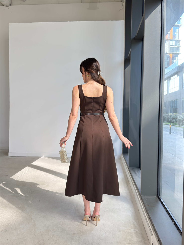 Kare Yaka Kemerli Midi Boy Kahverengi Esperanza Kadın Elbise 26Y136