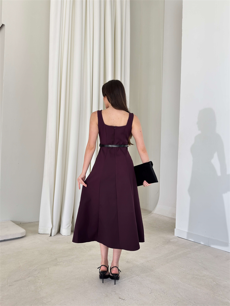 Kare Yaka Kemerli Midi Boy Mor Esperanza Kadın Elbise 26Y136