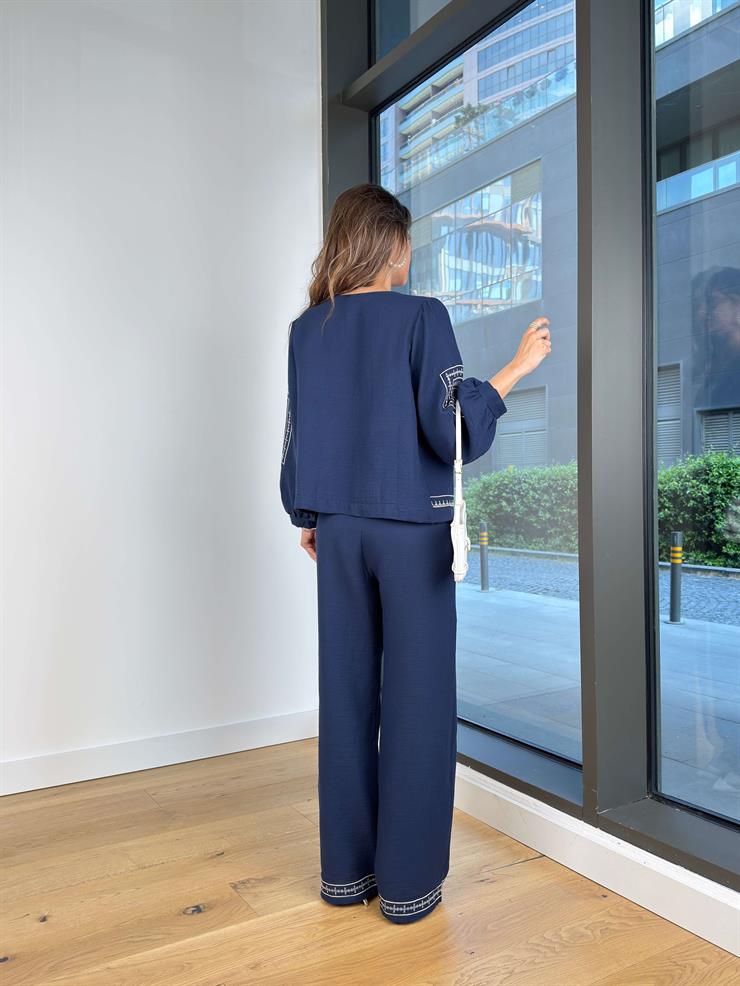 Balon Kol Hırka Yüksek Bel Bol Paça Pantolon Esseyin Lacivert Kadın Desenli Takım 25Y374