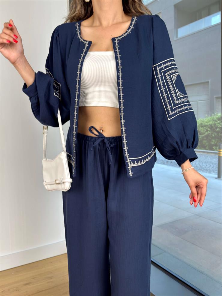 Balon Kol Hırka Yüksek Bel Bol Paça Pantolon Esseyin Lacivert Kadın Desenli Takım 25Y374