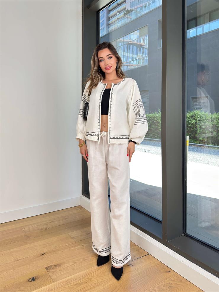 Balon Kol Hırka Yüksek Bel Bol Paça Pantolon Esseyin Ekru Kadın Desenli Takım 25Y374