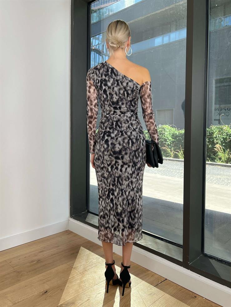 Tek Omuz Beli Drape Detaylı Estar Kadın Gri Elbise 24k202