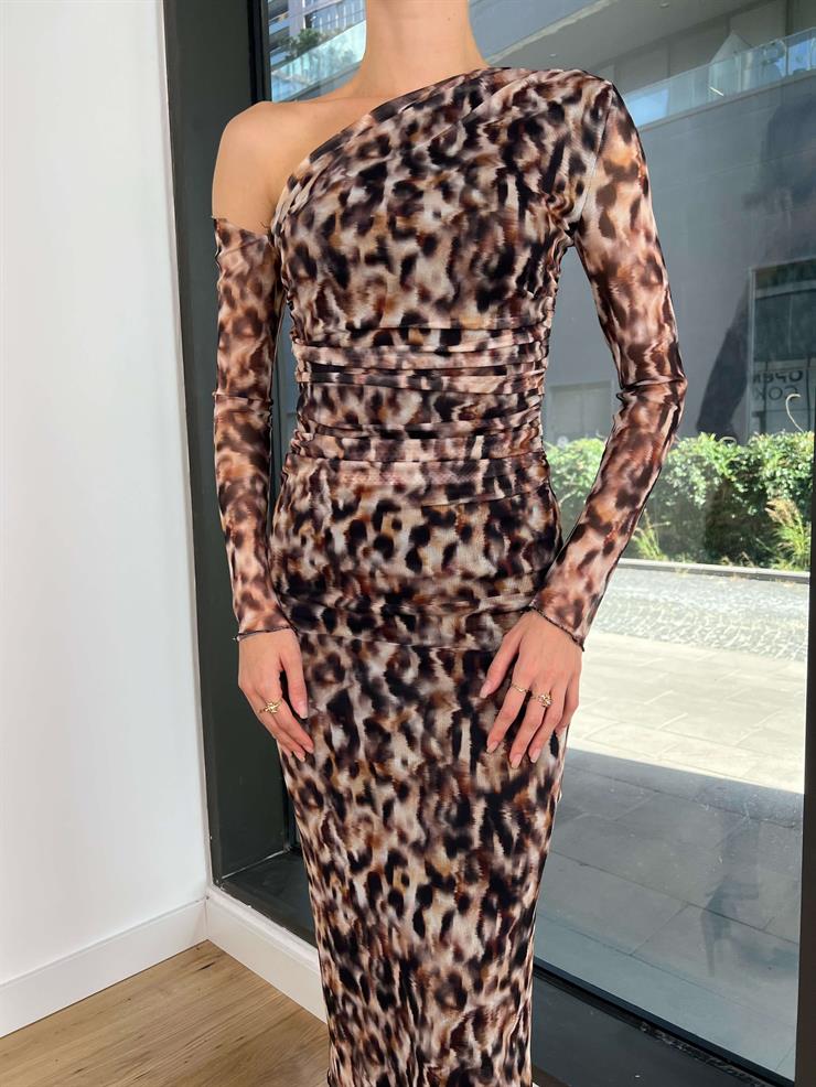 Tek Omuz Beli Drape Detaylı Estar Kadın Kahve Elbise 24k202