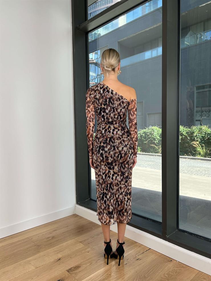 Tek Omuz Beli Drape Detaylı Estar Kadın Kahve Elbise 24k202