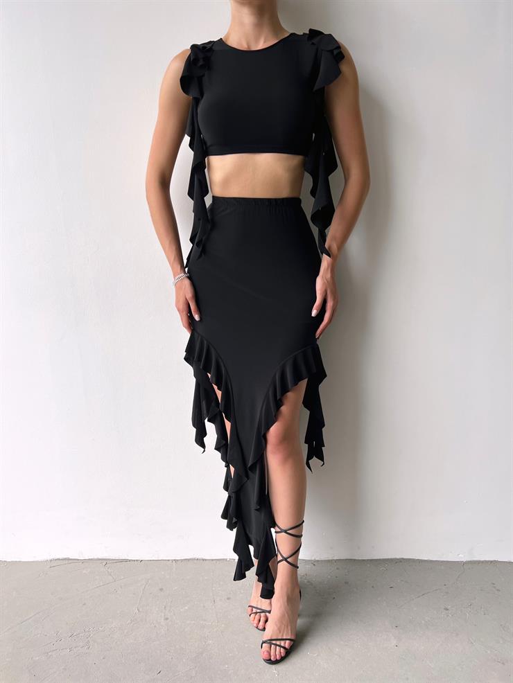 Kolsuz Crop Yüksek Bel Etek Ucu Fırfırlı Etek Ester Kadın Siyah Fırfırlı Takım 23Y000472