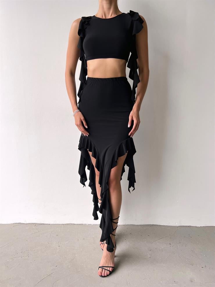 Kolsuz Crop Yüksek Bel Etek Ucu Fırfırlı Etek Ester Kadın Siyah Fırfırlı Takım 23Y000472