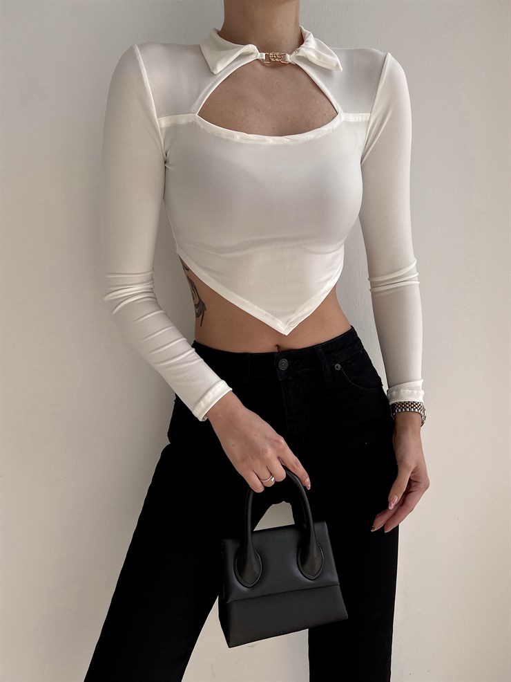 Eteği Üçgen Gömlek Yaka Göğüsü Pencere Candice Kadın Beyaz Bluz 22Y000027