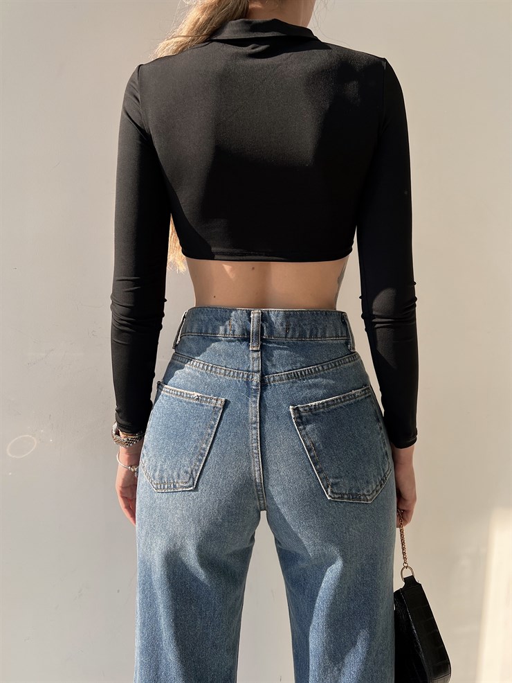 Eteği Üçgen Gömlek Yaka Göğüsü Pencere Candice Kadın Siyah Bluz 22Y000027