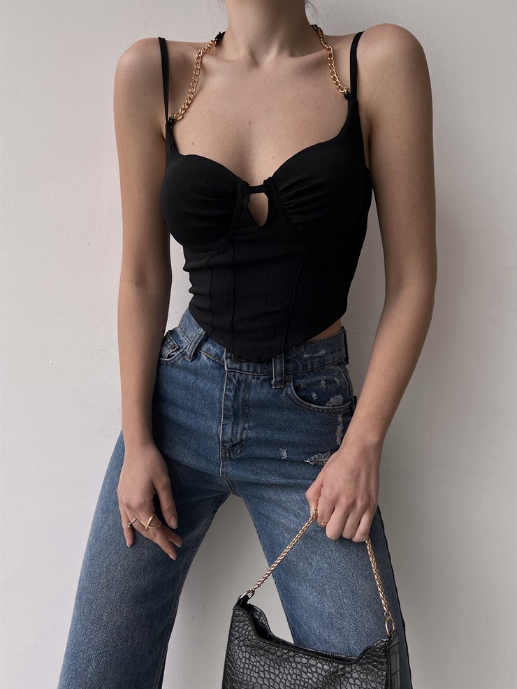 Eteği Üçgen Zincir Askılı Korse Valerie Kadın Siyah Bluz 22K000634