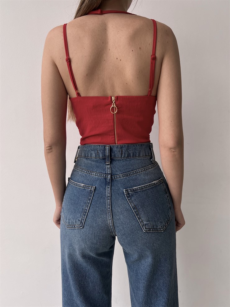 Eteği Üçgen Zincir Askılı Korse Valerie Kadın Kırmızı Bluz 22K000634