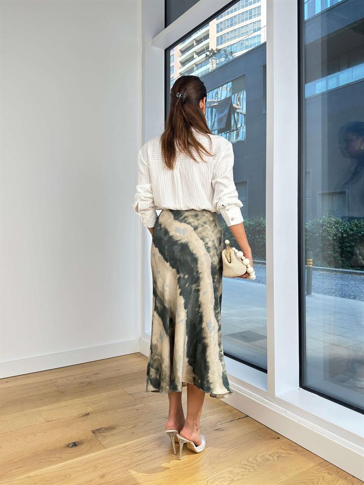 Desenli Saten Kadın Haki Midi Etek 24Y450