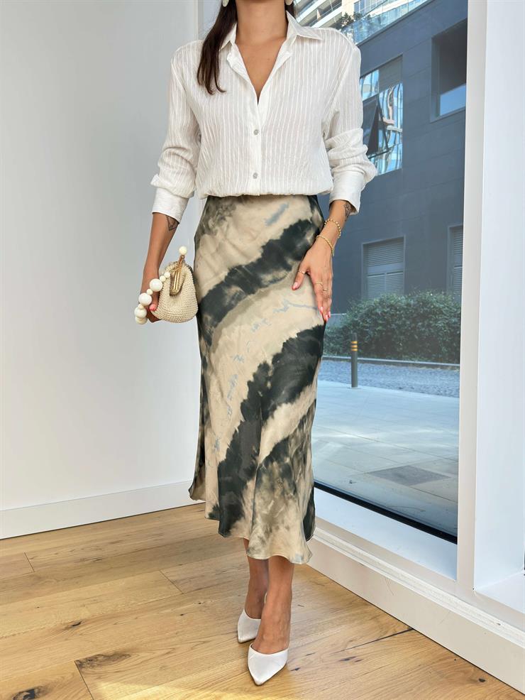 Desenli Saten Kadın Haki Midi Etek 24Y450