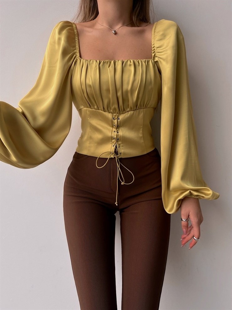 Etek Kısmı Bağcıklı Balon Kol Drape Alexa Kadın Sarı Bluz 22K000496