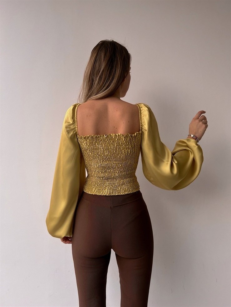 Etek Kısmı Bağcıklı Balon Kol Drape Alexa Kadın Sarı Bluz 22K000496