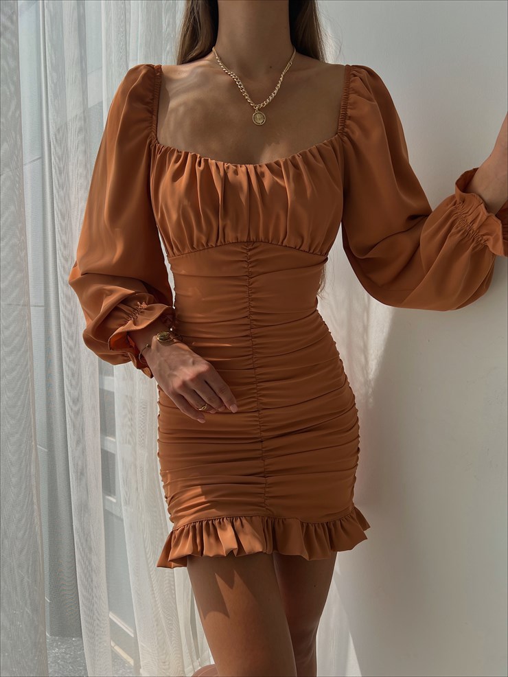 Etek Kısmı Volanlı Drapeli Camila Kadın Taba Mini Elbise 22K000196